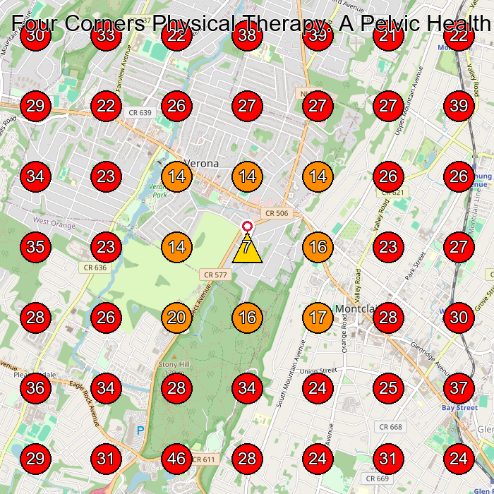 Four Corners Physical Therapy. A Pelvic Health & Wellness Center. GeoGrid visibility map for Physical Therapist in Bloomfield